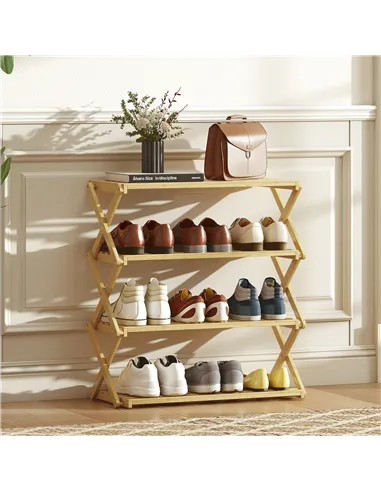 HOMCOM Four-Tier Folding Bamboo Shoe Rack - Natural Finish