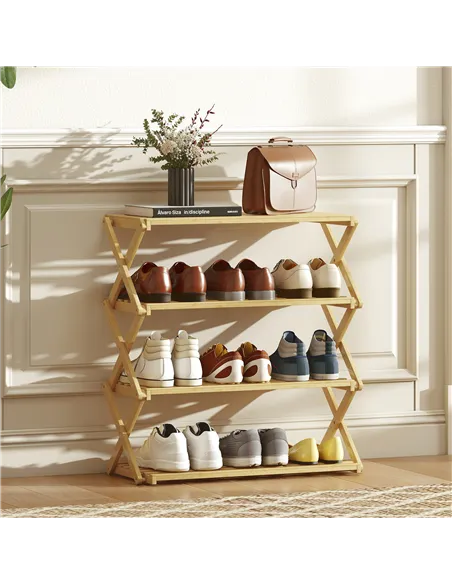 HOMCOM Four-Tier Folding Bamboo Shoe Rack - Natural Finish