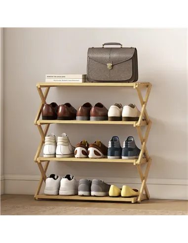 HOMCOM Four-Tier Folding Bamboo Shoe Rack - Natural Finish