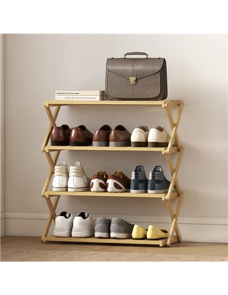 HOMCOM Four-Tier Folding Bamboo Shoe Rack - Natural Finish