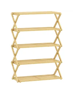 HOMCOM Five-Tier Folding Bamboo Shoe Rack - Natural Finish