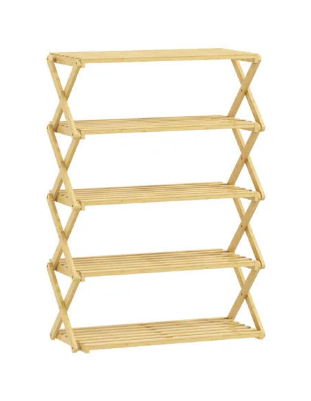 HOMCOM Five-Tier Folding Bamboo Shoe Rack - Natural Finish