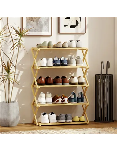 HOMCOM Five-Tier Folding Bamboo Shoe Rack - Natural Finish