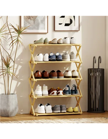 HOMCOM Five-Tier Folding Bamboo Shoe Rack - Natural Finish
