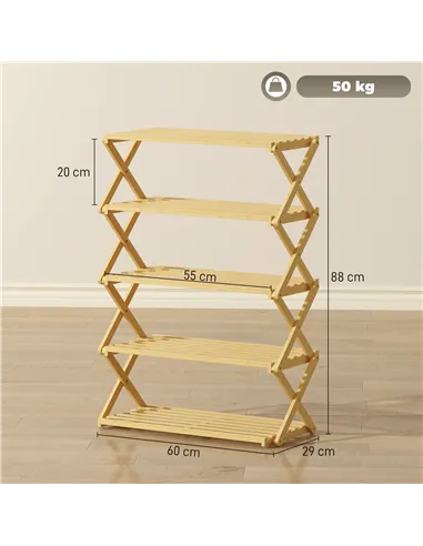 HOMCOM Five-Tier Folding Bamboo Shoe Rack - Natural Finish