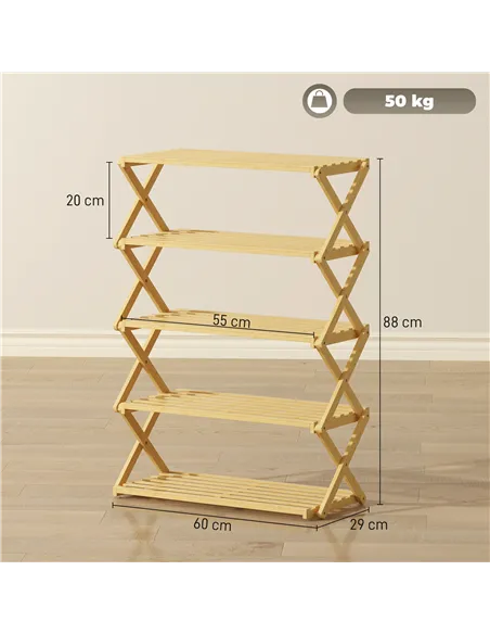 HOMCOM Five-Tier Folding Bamboo Shoe Rack - Natural Finish