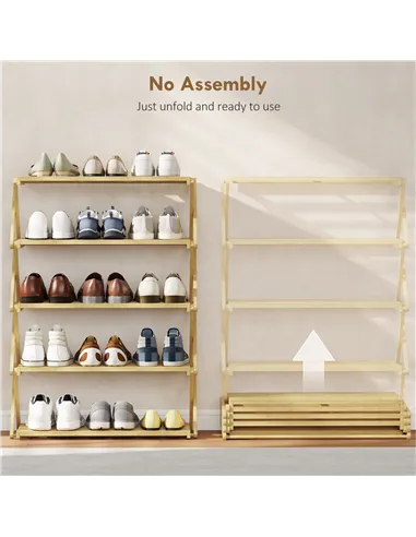 HOMCOM Five-Tier Folding Bamboo Shoe Rack - Natural Finish