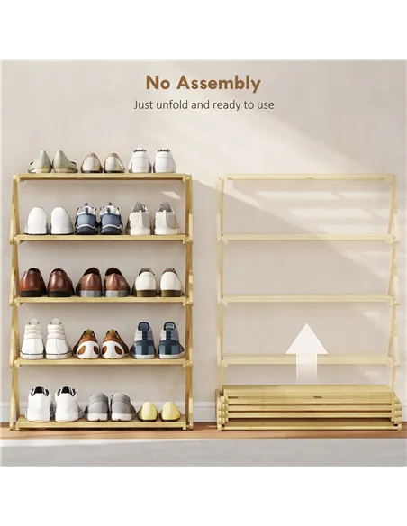 HOMCOM Five-Tier Folding Bamboo Shoe Rack - Natural Finish