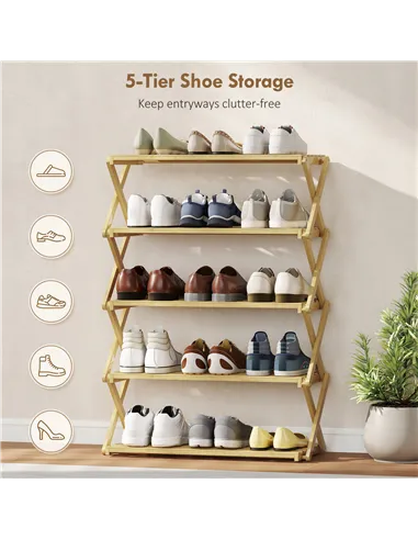 HOMCOM Five-Tier Folding Bamboo Shoe Rack - Natural Finish