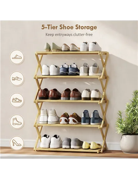 HOMCOM Five-Tier Folding Bamboo Shoe Rack - Natural Finish