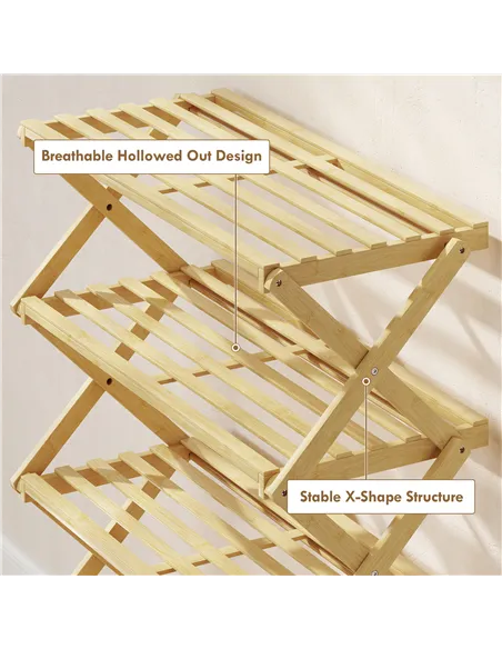 HOMCOM Five-Tier Folding Bamboo Shoe Rack - Natural Finish