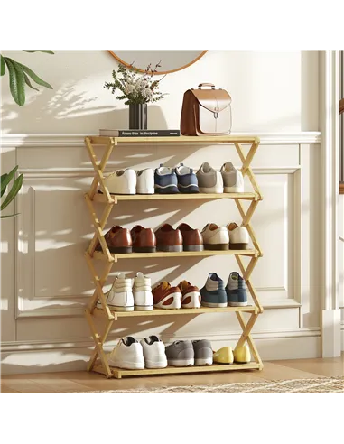 HOMCOM Five-Tier Folding Bamboo Shoe Rack - Natural Finish