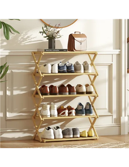 HOMCOM Five-Tier Folding Bamboo Shoe Rack - Natural Finish