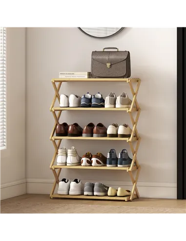 HOMCOM Five-Tier Folding Bamboo Shoe Rack - Natural Finish