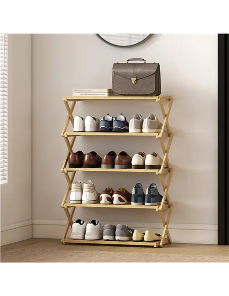 HOMCOM Five-Tier Folding Bamboo Shoe Rack - Natural Finish