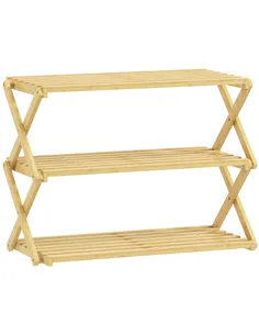 HOMCOM Three-Tier Folding Bamboo Shoe Rack - Natural Finish