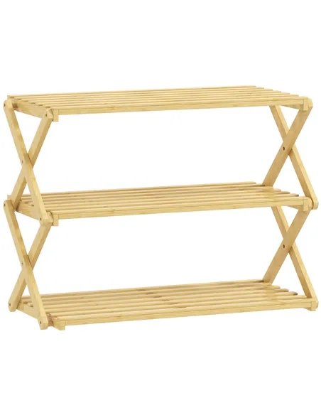 HOMCOM Three-Tier Folding Bamboo Shoe Rack - Natural Finish