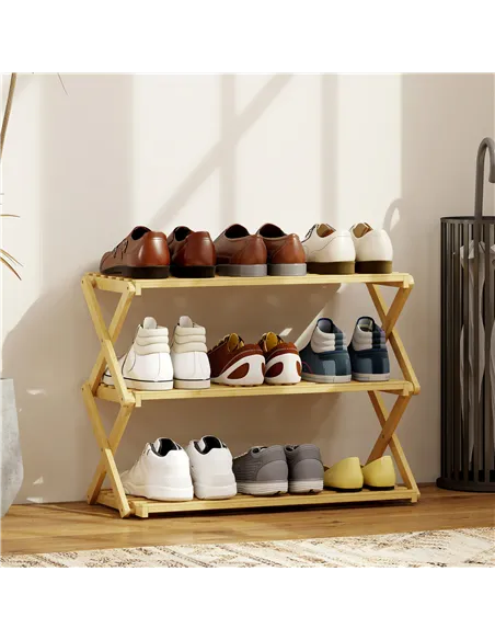 HOMCOM Three-Tier Folding Bamboo Shoe Rack - Natural Finish