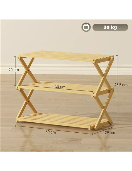 HOMCOM Three-Tier Folding Bamboo Shoe Rack - Natural Finish