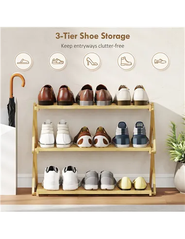 HOMCOM Three-Tier Folding Bamboo Shoe Rack - Natural Finish