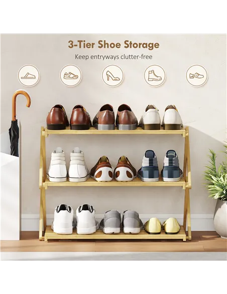HOMCOM Three-Tier Folding Bamboo Shoe Rack - Natural Finish