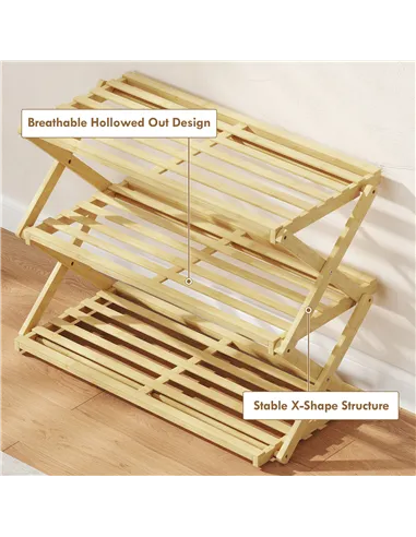 HOMCOM Three-Tier Folding Bamboo Shoe Rack - Natural Finish