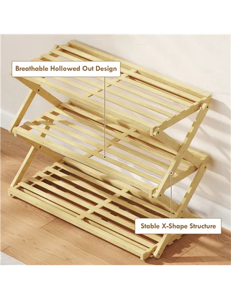 HOMCOM Three-Tier Folding Bamboo Shoe Rack - Natural Finish