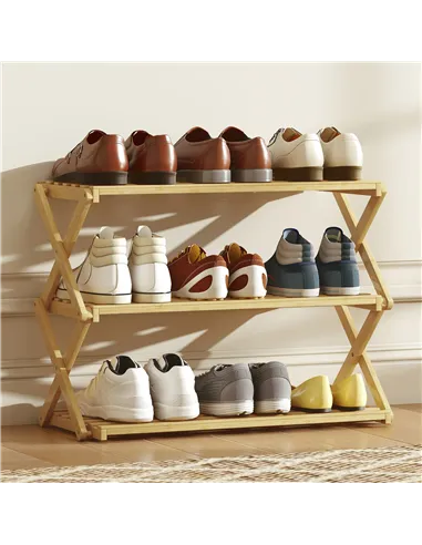 HOMCOM Three-Tier Folding Bamboo Shoe Rack - Natural Finish
