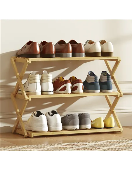 HOMCOM Three-Tier Folding Bamboo Shoe Rack - Natural Finish