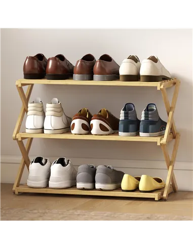 HOMCOM Three-Tier Folding Bamboo Shoe Rack - Natural Finish