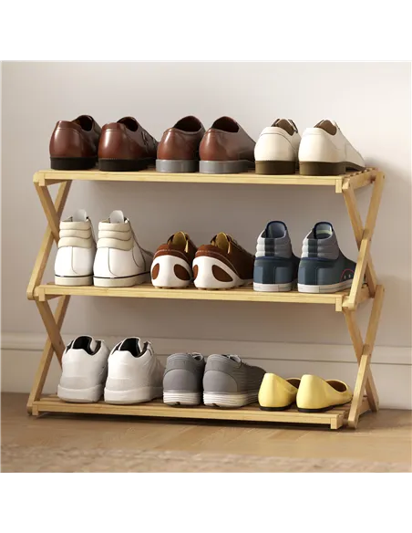 HOMCOM Three-Tier Folding Bamboo Shoe Rack - Natural Finish