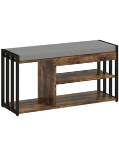 HOMCOM Shoe Storage with Seat, Upholstered Entryway Bench, Shoe Bench with 3 Open Shelves for Hallway, Rustic Brown