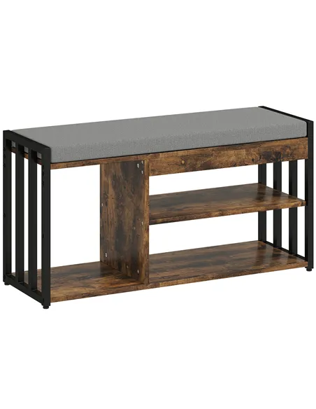 HOMCOM Shoe Storage with Seat, Upholstered Entryway Bench, Shoe Bench with 3 Open Shelves for Hallway, Rustic Brown