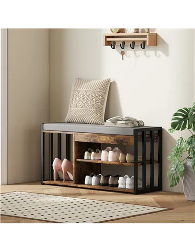 HOMCOM Shoe Storage with Seat, Upholstered Entryway Bench, Shoe Bench with 3 Open Shelves for Hallway, Rustic Brown