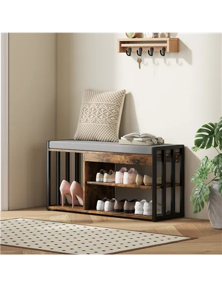 HOMCOM Shoe Storage with Seat, Upholstered Entryway Bench, Shoe Bench with 3 Open Shelves for Hallway, Rustic Brown