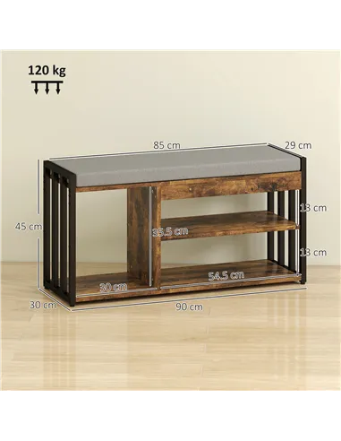HOMCOM Shoe Storage with Seat, Upholstered Entryway Bench, Shoe Bench with 3 Open Shelves for Hallway, Rustic Brown