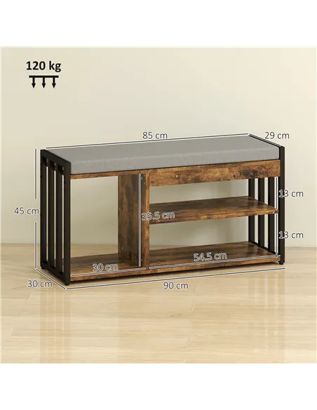 HOMCOM Shoe Storage with Seat, Upholstered Entryway Bench, Shoe Bench with 3 Open Shelves for Hallway, Rustic Brown