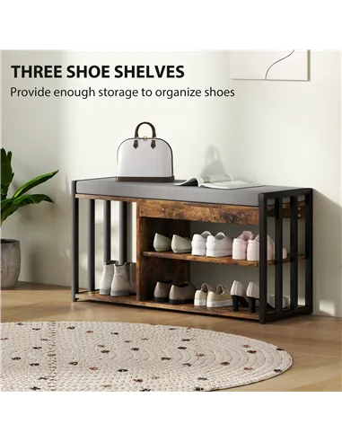 HOMCOM Shoe Storage with Seat, Upholstered Entryway Bench, Shoe Bench with 3 Open Shelves for Hallway, Rustic Brown