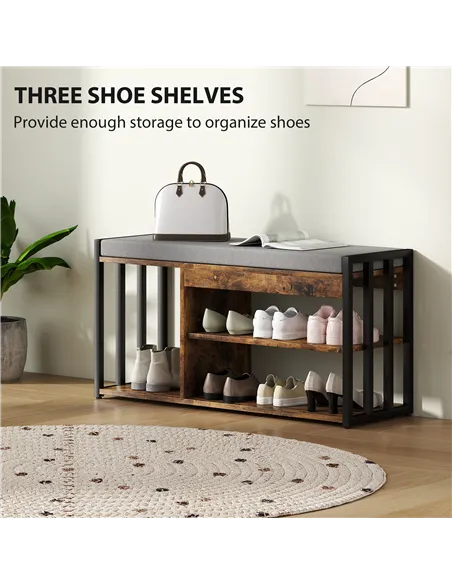 HOMCOM Shoe Storage with Seat, Upholstered Entryway Bench, Shoe Bench with 3 Open Shelves for Hallway, Rustic Brown
