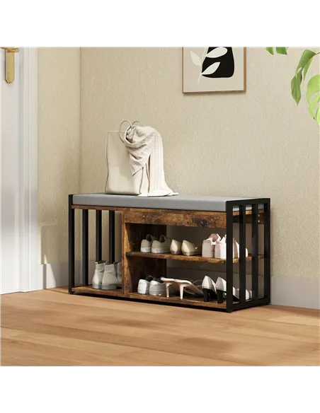 HOMCOM Shoe Storage with Seat, Upholstered Entryway Bench, Shoe Bench with 3 Open Shelves for Hallway, Rustic Brown