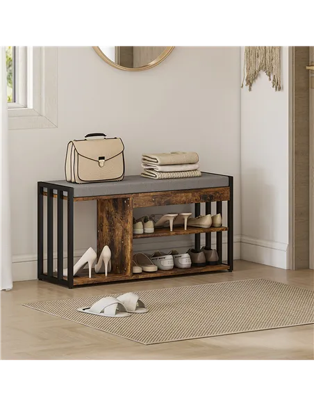 HOMCOM Shoe Storage with Seat, Upholstered Entryway Bench, Shoe Bench with 3 Open Shelves for Hallway, Rustic Brown