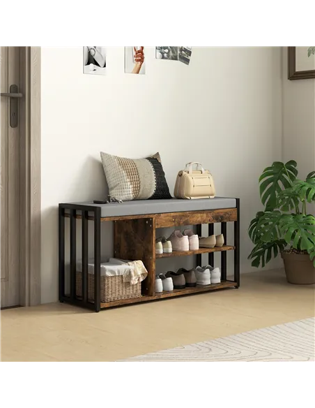 HOMCOM Shoe Storage with Seat, Upholstered Entryway Bench, Shoe Bench with 3 Open Shelves for Hallway, Rustic Brown