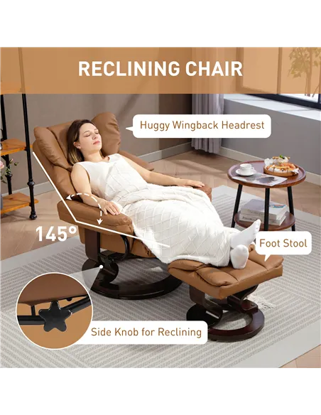 HOMCOM Faux Leather Reclining Chair and Footstool - Brown