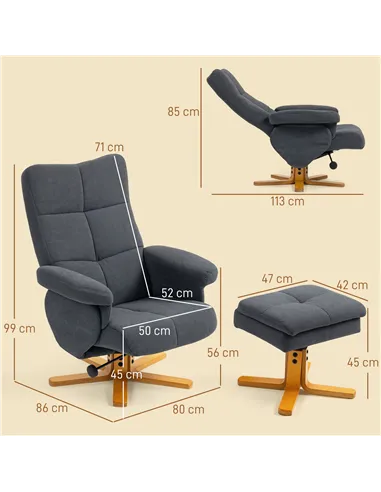 HOMCOM Linen-Look Recliner, with Storage Ottoman - Grey