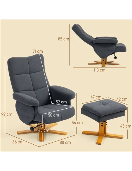 HOMCOM Linen-Look Recliner, with Storage Ottoman - Grey