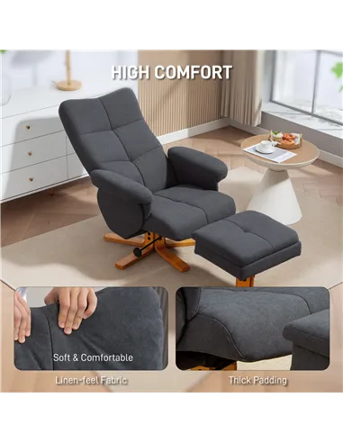 HOMCOM Linen-Look Recliner, with Storage Ottoman - Grey