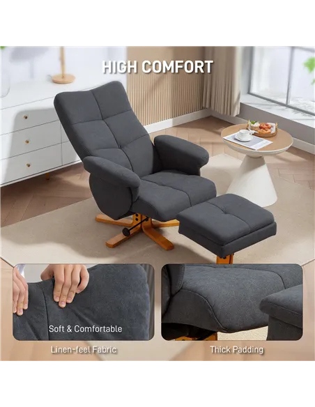HOMCOM Linen-Look Recliner, with Storage Ottoman - Grey