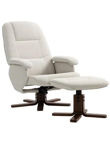 HOMCOM Linen Swivel Recliner Chair with Footstool, Upholstered Reclining Armchair with Wooden Base for Living Room, Beige