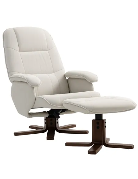 HOMCOM Linen Swivel Recliner Chair with Footstool, Upholstered Reclining Armchair with Wooden Base for Living Room, Beige