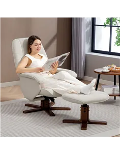 HOMCOM Linen Swivel Recliner Chair with Footstool, Upholstered Reclining Armchair with Wooden Base for Living Room, Beige 2